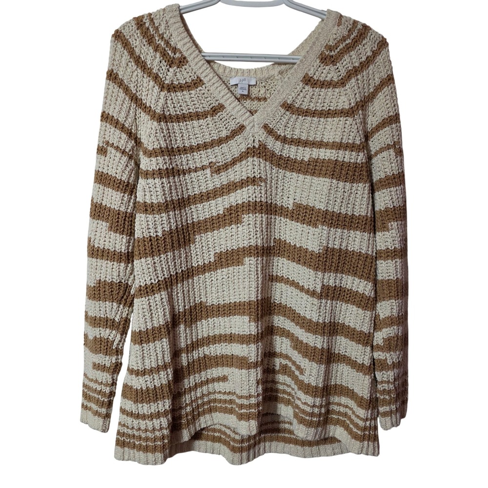J. Jill Women XL Sweater Tan Striped Cotton Knit V-Neck Long Sleeve Boho Casual